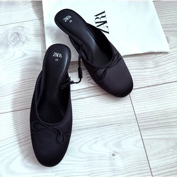 ZARA Embellished Bow Detail Mules NWT – Black Satin Heeled Slides, Sz 7.5 - Picture 8 of 16